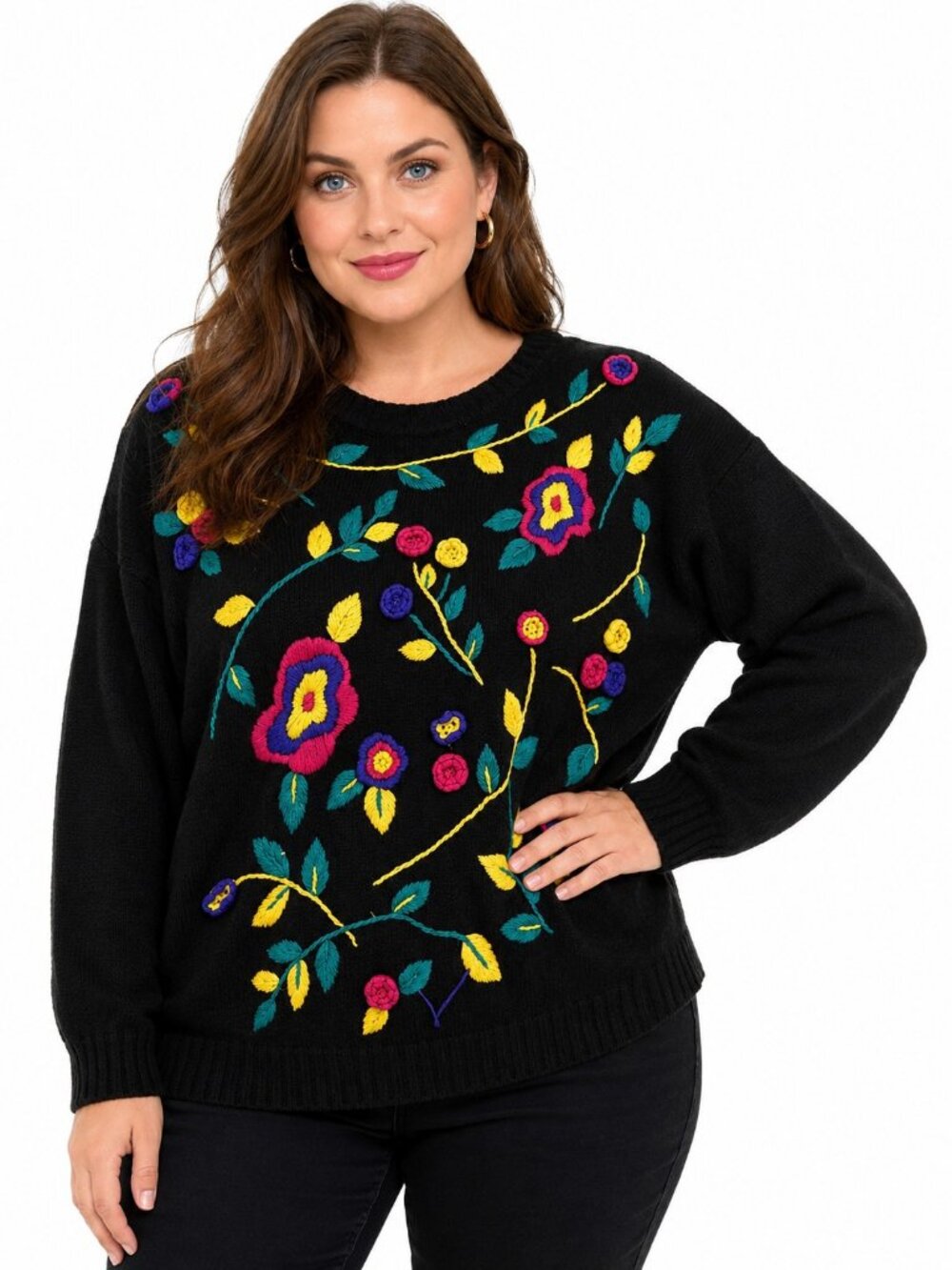 Vintage Lindsey Blake Editions Floral Embroidered Ramie Cotton Sweater Plus 24W